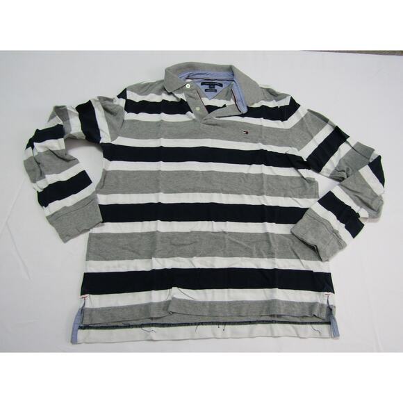Tommy Hilfiger Classic Fit Gray Stripe Knit Long Sleeve Polo Shirt Men's size M - Picture 1 of 7
